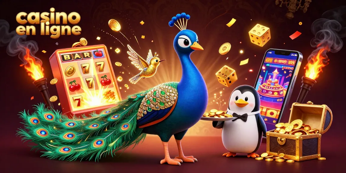 Découvrez l'univers captivant du casino en ligne avec un paon aristocratique et un pingouin majordome servant des jetons d'or.