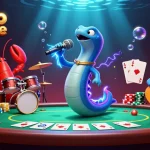Scène dynamique de casino en ligne avec un DJ anguille électrique, des éléments de poker, et un fond lumineux.