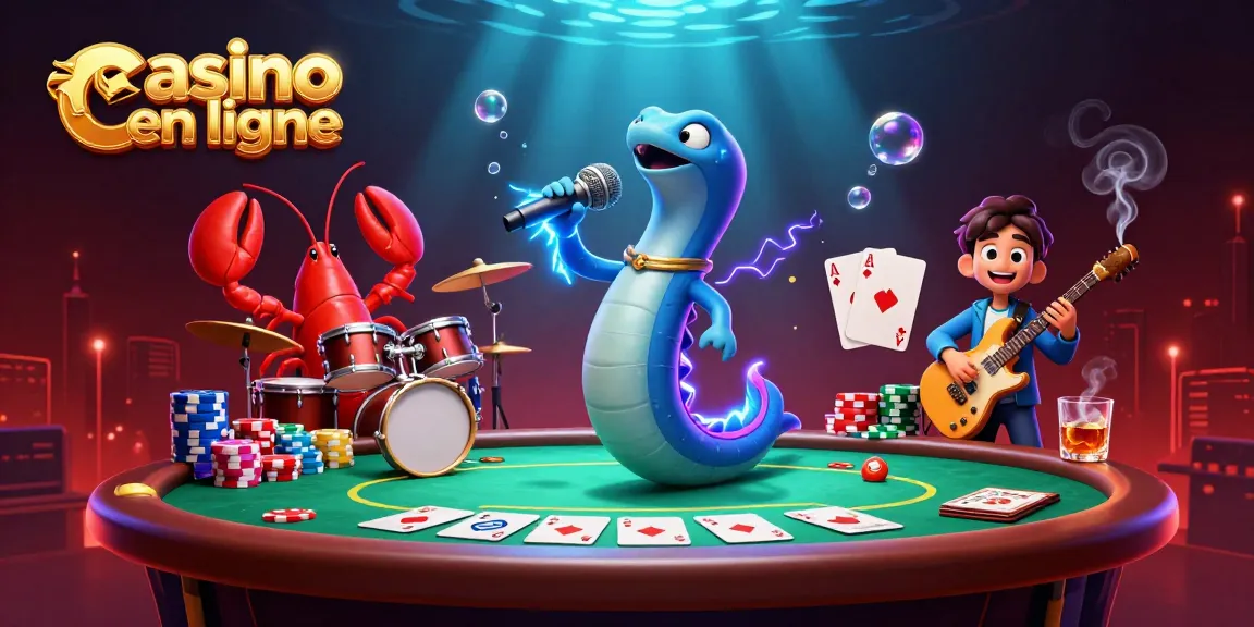 Scène dynamique de casino en ligne avec un DJ anguille électrique, des éléments de poker, et un fond lumineux.