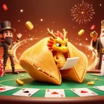 Dans ce casino en ligne, un dragon sage lit une fortune dans un biscuit d'or au milieu d'une scène colorée.