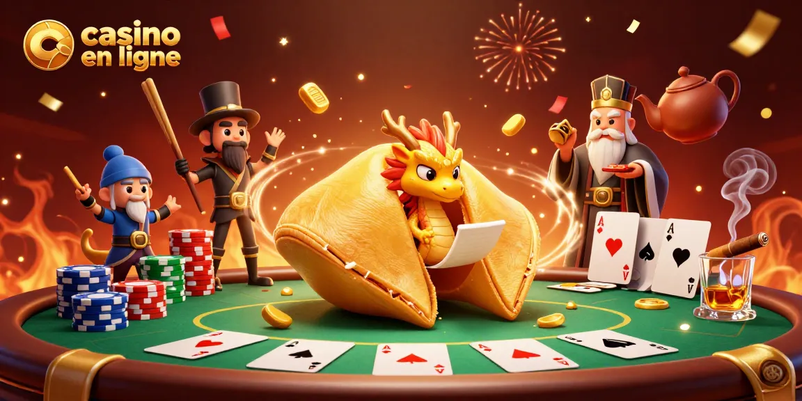 Dans ce casino en ligne, un dragon sage lit une fortune dans un biscuit d'or au milieu d'une scène colorée.