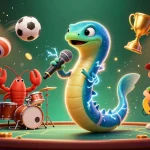 Assistez à un concert vibrant d'un casino en ligne, avec un DJ anguille entouré de musiciens, des éléments de jeu captivants.