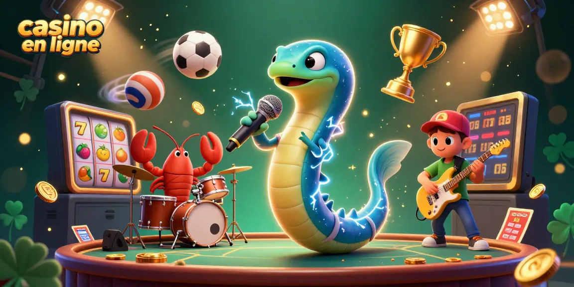 Assistez à un concert vibrant d'un casino en ligne, avec un DJ anguille entouré de musiciens, des éléments de jeu captivants.