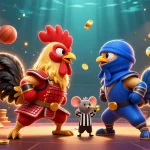 Les combats entre coqs en samouraï et ninja au casino en ligne avec des éléments de gains dynamiques.