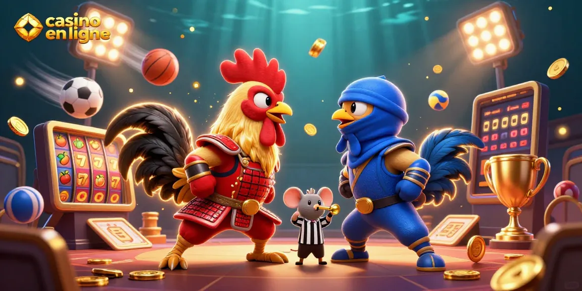 Les combats entre coqs en samouraï et ninja au casino en ligne avec des éléments de gains dynamiques.