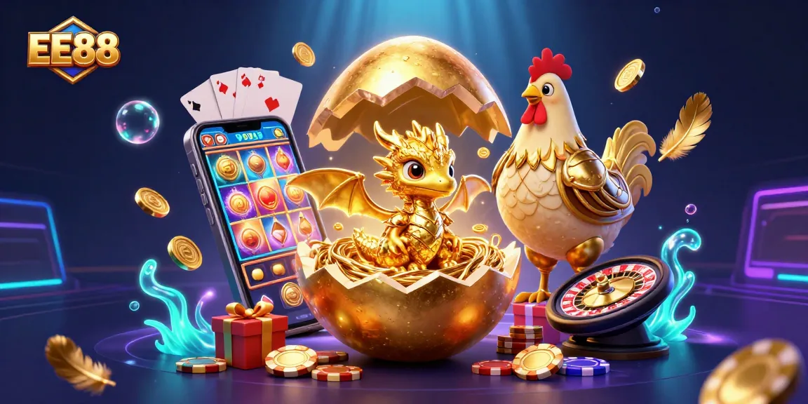 EE88 showcases a baby dragon emerging from a golden egg amidst vibrant casino elements.