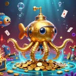 Engage with nổ hũ in this vibrant underwater scene filled with slot machines and treasures.