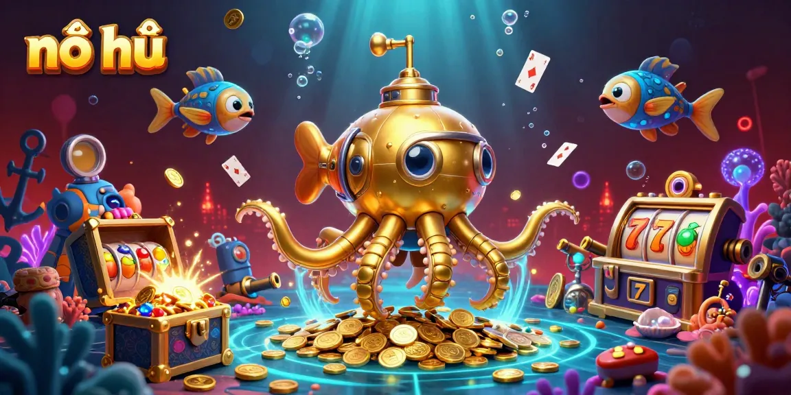 Engage with nổ hũ in this vibrant underwater scene filled with slot machines and treasures.