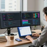 RTI scheduler interface on dual monitors in a modern tech workspace, enhancing productivity and efficiency.