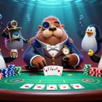 Join the underwater poker game with sunlit stakes, featuring a walrus in Victorian attire and cunning players.