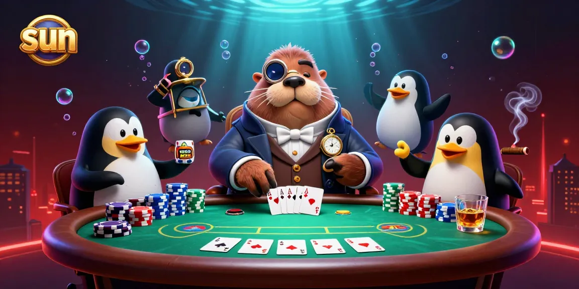 Join the underwater poker game with sunlit stakes, featuring a walrus in Victorian attire and cunning players.