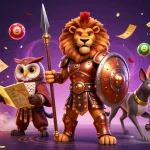 Casino en ligne : Illustration dynamique d'un lion spartan avec des éléments de loterie en arrière-plan.