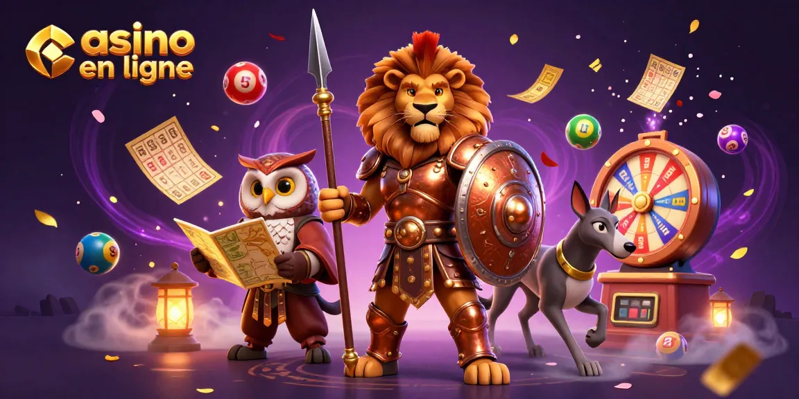 Casino en ligne : Illustration dynamique d'un lion spartan avec des éléments de loterie en arrière-plan.