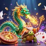 Jouez dans un casino en ligne captivant avec un dragon et des symboles de fortune.