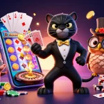 Découvrez le casino en ligne, avec une élégante panthère, un hibou et une souris chanceuse jouant ensemble.