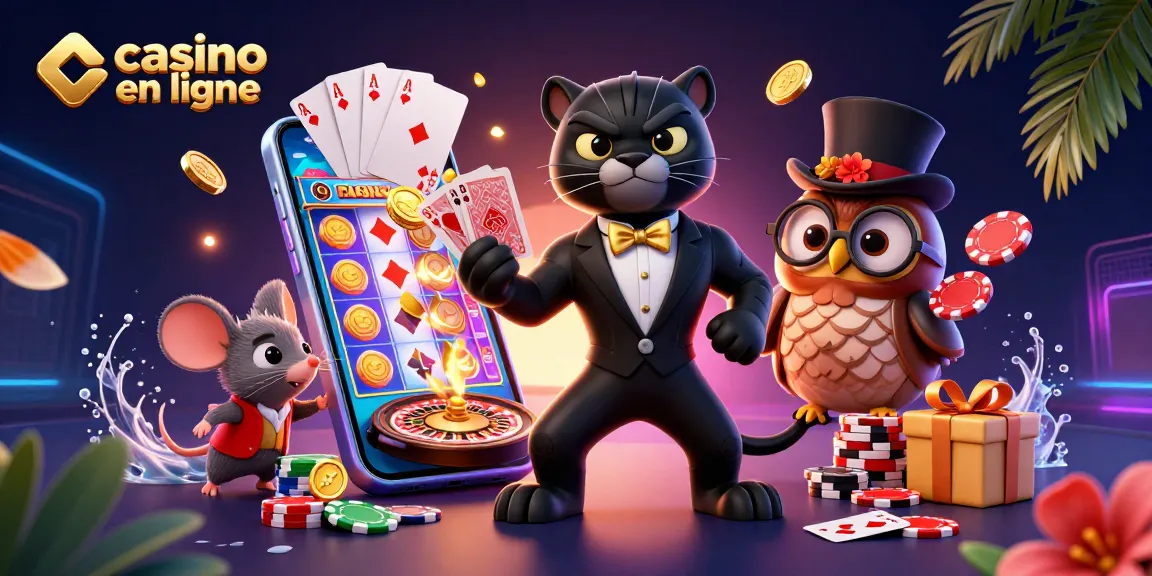Découvrez le casino en ligne, avec une élégante panthère, un hibou et une souris chanceuse jouant ensemble.