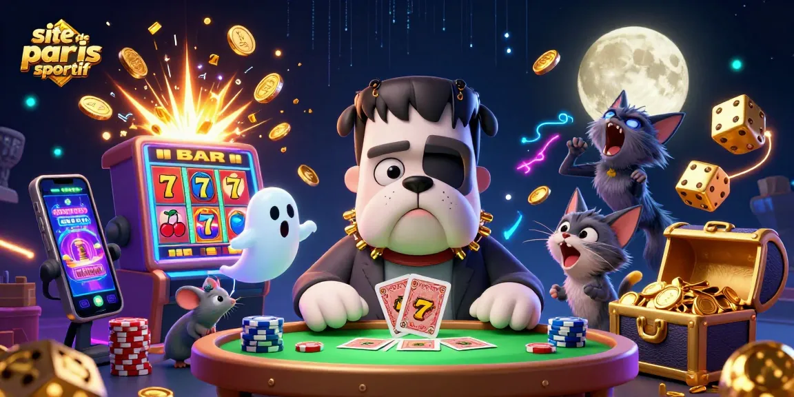 Jouer sur un site de paris sportif avec un bulldog Frankenstein et un chaton loup dans un décor captivant.