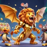 Casino en ligne: illustration d'une chimère triomphante à la tête de lion, créant une ambiance festive parmi les machines à sous.