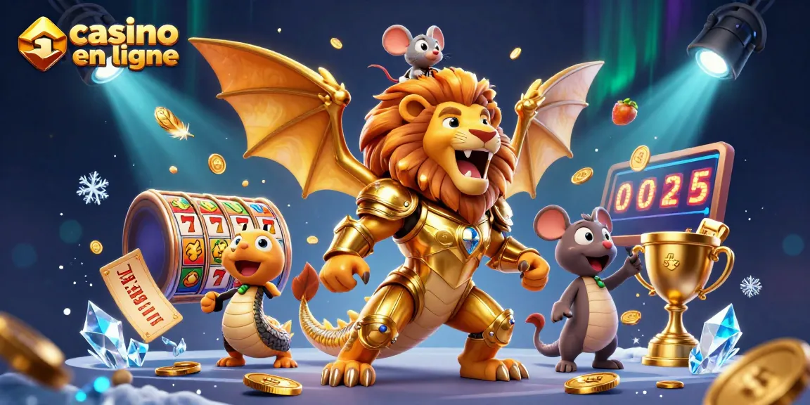 Casino en ligne: illustration d'une chimère triomphante à la tête de lion, créant une ambiance festive parmi les machines à sous.