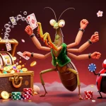Plongez dans l'univers du casino en ligne avec cette illustration dynamique mettant en scène une mante géante et un gérant coccinelle.