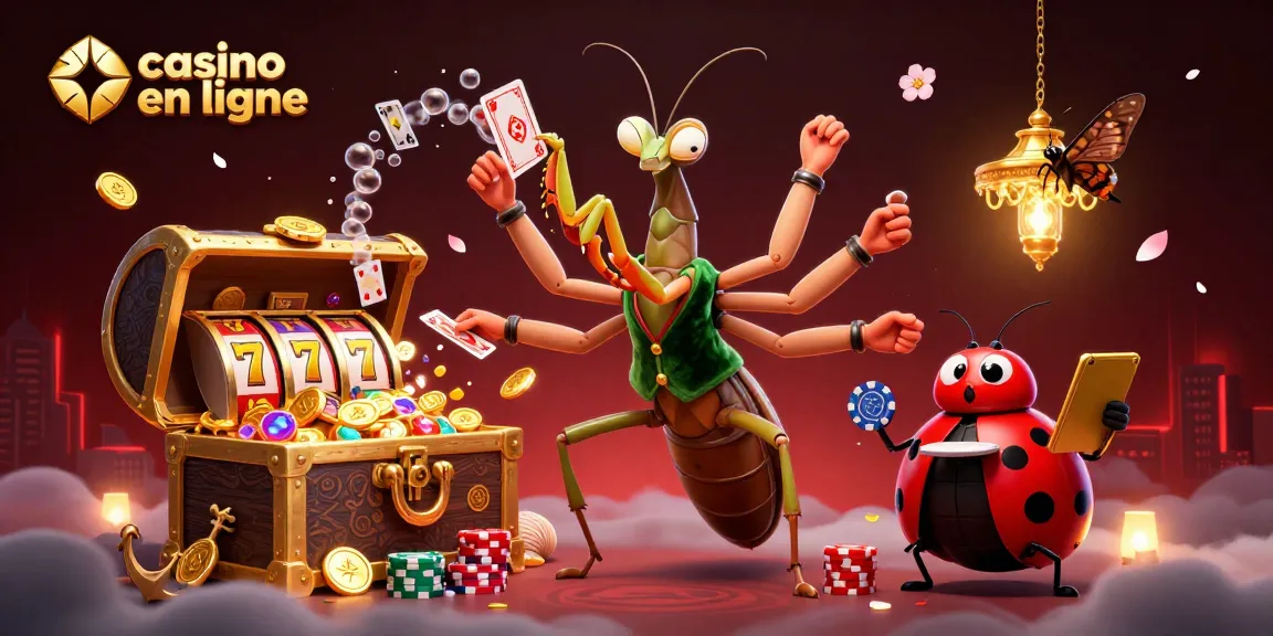 Plongez dans l'univers du casino en ligne avec cette illustration dynamique mettant en scène une mante géante et un gérant coccinelle.