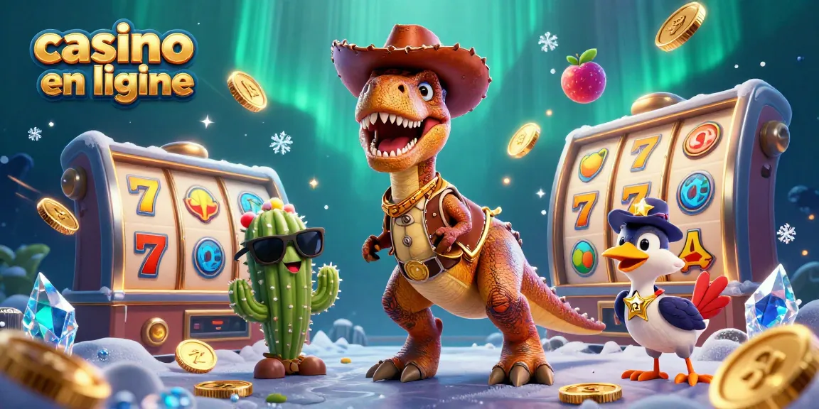 Jouez à casino en ligne avec ce T-Rex et ses amis sous des lumières scintillantes.