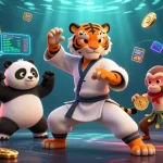 Un casino en ligne captivant illustrant un tigre maître de kung fu, un panda disciple et un singe fantaisiste, avec des éléments de jeu