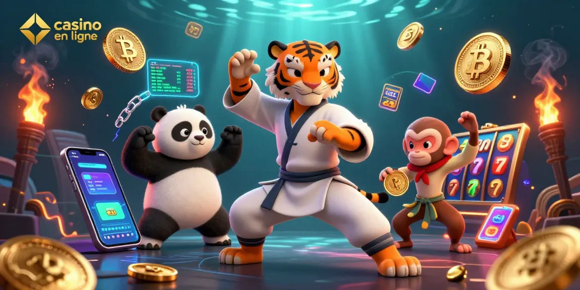 Un casino en ligne captivant illustrant un tigre maître de kung fu, un panda disciple et un singe fantaisiste, avec des éléments de jeu