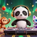 Le DJ panda anime joue au casino en ligne argent réel, entouré de symboles de machines à sous.