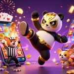 Animation captivante sur le casino en ligne avec un panda lutteur et des animaux célébrant.
