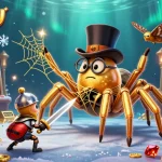 カジノアプリをテーマにした金色のタランチュラと小さな騎士が共演する魅力的なイラスト