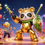 Jouez à casino en ligne avec une illustration 3D d'un panda doré dans un robot de combat dynamique.