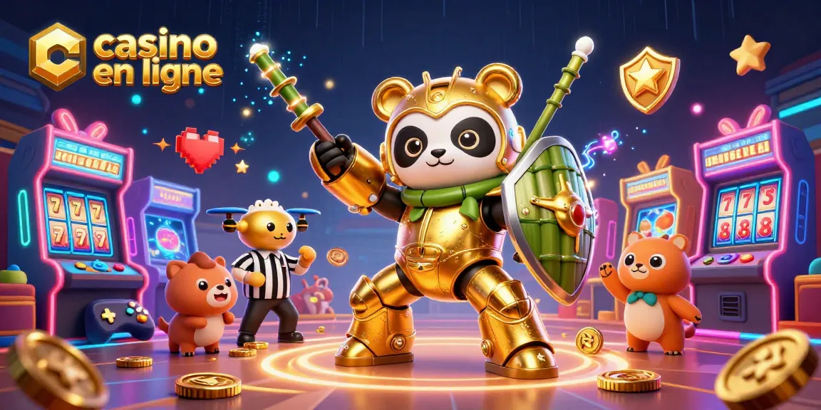 Jouez à casino en ligne avec une illustration 3D d'un panda doré dans un robot de combat dynamique.