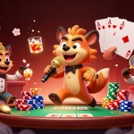 Visitez notre casino en ligne avec une scène dynamique d'animaux, jeux de cartes et ambiance festive.