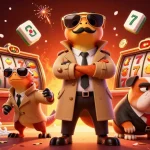 Ressentez l'excitation du casino en ligne avec des raptors déguisés devant un salon VIP.
