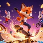 Illustration dynamique de casino en ligne avec un renard skateboardeur et un lapin BMX, entourés de jetons dorés et de pièces.