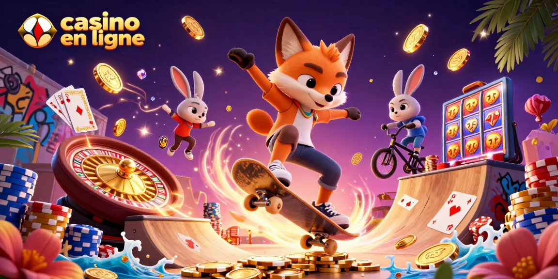 Illustration dynamique de casino en ligne avec un renard skateboardeur et un lapin BMX, entourés de jetons dorés et de pièces.