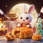 Jouer dans un casino en ligne avec le lapin de lune et des éléments de jeu flottants au milieu d'une scène dynamique.