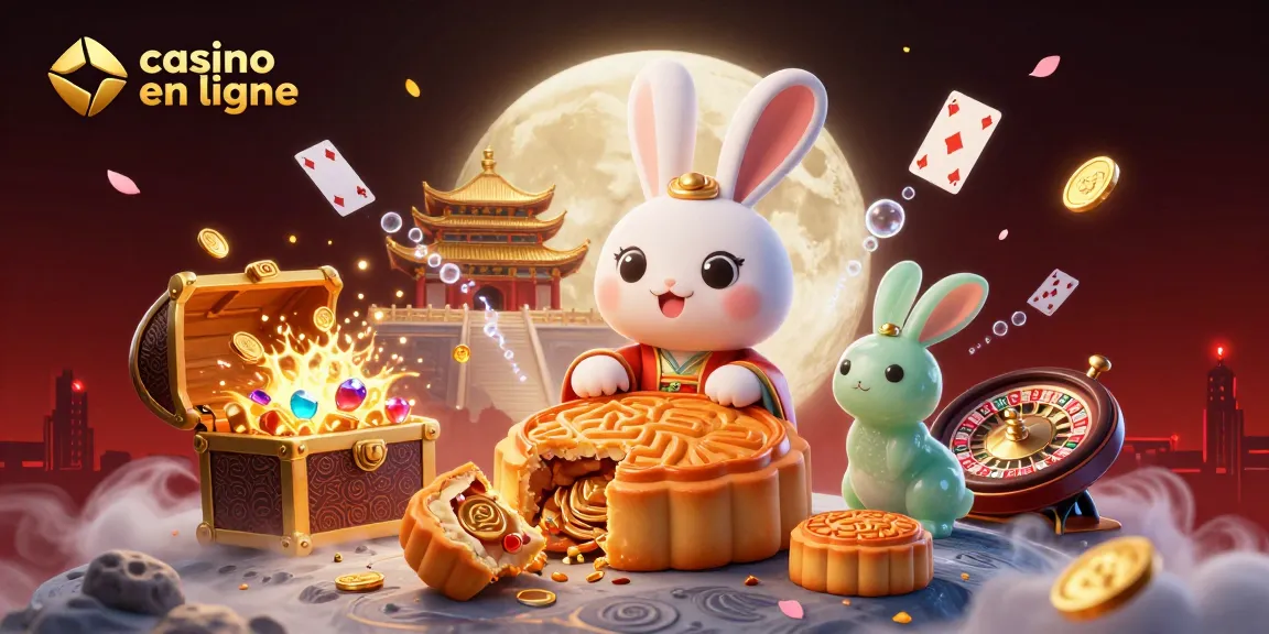 Jouer dans un casino en ligne avec le lapin de lune et des éléments de jeu flottants au milieu d'une scène dynamique.