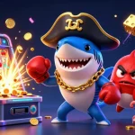 Casino en ligne : illustration captivante d'un requin pirate avec un poisson-globe et une pieuvre, entourés de machines à sous.