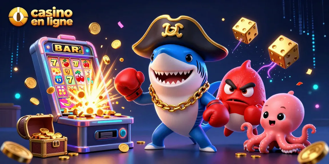 Casino en ligne : illustration captivante d'un requin pirate avec un poisson-globe et une pieuvre, entourés de machines à sous.