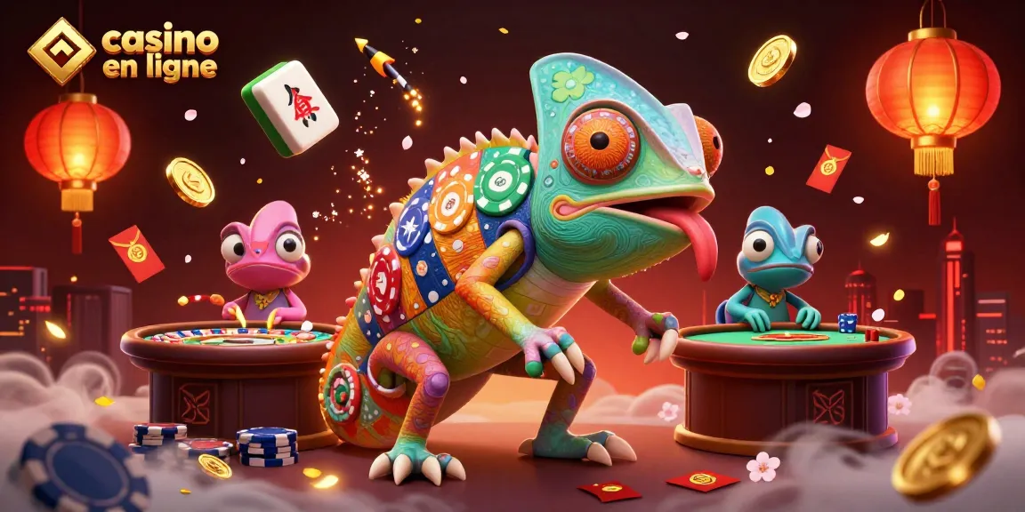 Le chameleon casino en ligne capture des jetons et lanternes dorées dans une scène vibrante.