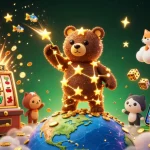 Jouez à un casino en ligne avec des éléments colorés et un ours constellation attrapant des pièces d'or.