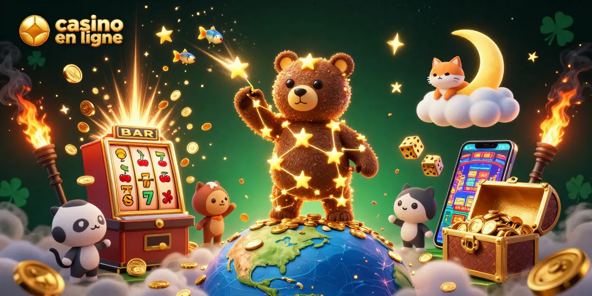 Jouez à un casino en ligne avec des éléments colorés et un ours constellation attrapant des pièces d'or.