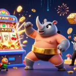 Profitez d'une scène dynamique avec un casino en ligne où le champion scarabée sumo en action sème des pièces d'or.