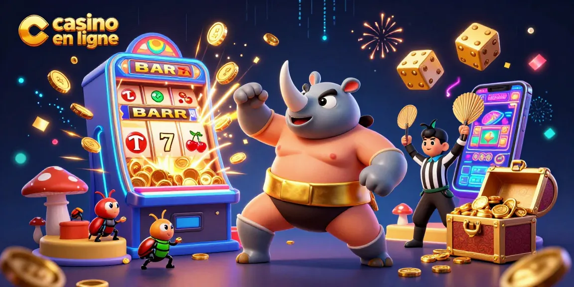 Profitez d'une scène dynamique avec un casino en ligne où le champion scarabée sumo en action sème des pièces d'or.