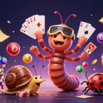 Illusion d'un casino en ligne où une mille-pattes distribue des cartes tout en un escargot fait rouler des jetons.