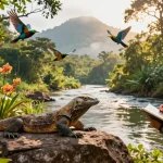 Discover biodiversity at ROKOK88 in Indonesia's vibrant rainforest, observing exotic fauna and flora amidst lush greenery.