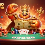 Illustration dynamique du casino en ligne avec un empereur crabe doré entouré de jetons et de cartes.