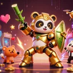 Des joueurs s'affrontent dans un monde de casino en ligne animé avec un panda doré et une robotique innovante.